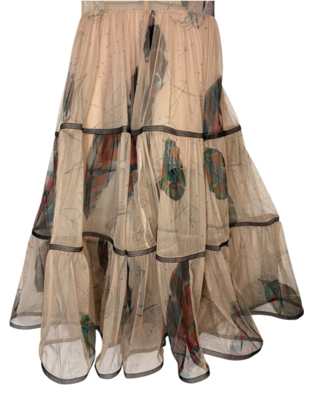 RARE Gauri & Nainika x KOOVS Dress Beige Mesh Tiered Maxi Gown Cutout Print XL - Picture 8 of 12